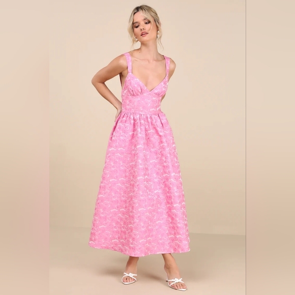 Lulus Rudra Pink Floral Jacquard A-Line Backless Midi Dress S Wedding Party Prom - Picture 2 of 12